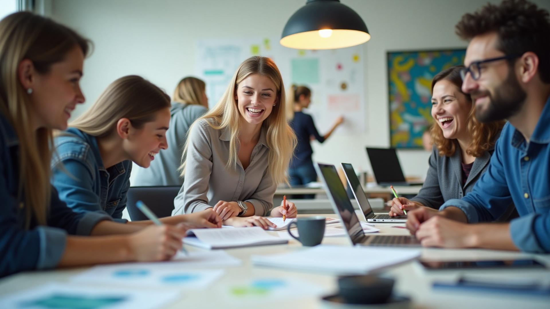 Diverse students collaborating in a modern, light-filled design studio, actively engaged with digital tools and sketchbooks, embodying creative empowerment.