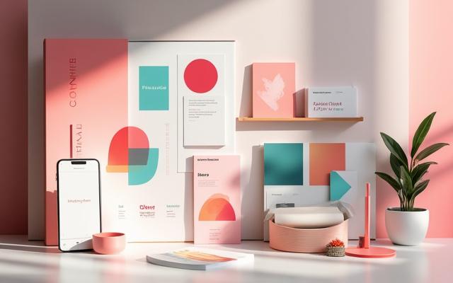 Student project showing varied color palettes for different brand mockups