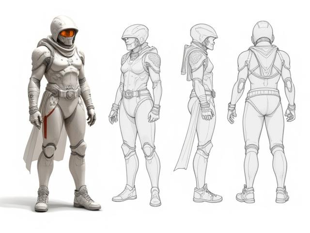 Detailed character design sheet for a futuristic warrior, showing multiple angles and weapon concepts.