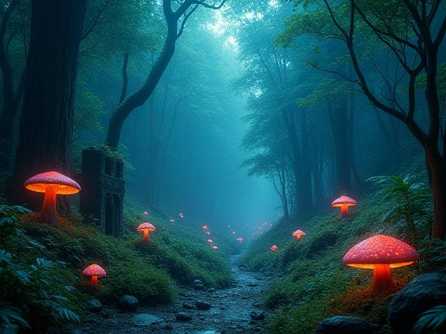Lush fantasy forest environment concept art with glowing mushrooms and ancient ruins.
